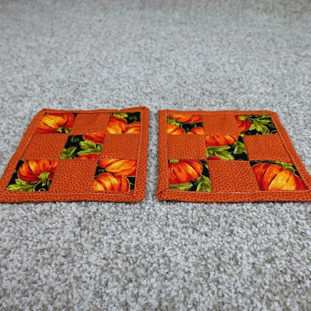 Handmade Quilted Pumpkin Mug Rug Set 2pc Orange Patchwork Cotton Coasters 6x6